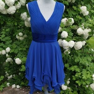 JJ's House Cocktail Prom Klein Blue Formal DressChiffon Midi V Neckline. L